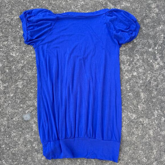 Soprano Blue V-Neck Ruched Sleeve Tunic Top Stretchy Women’s - Picture 3 of 5